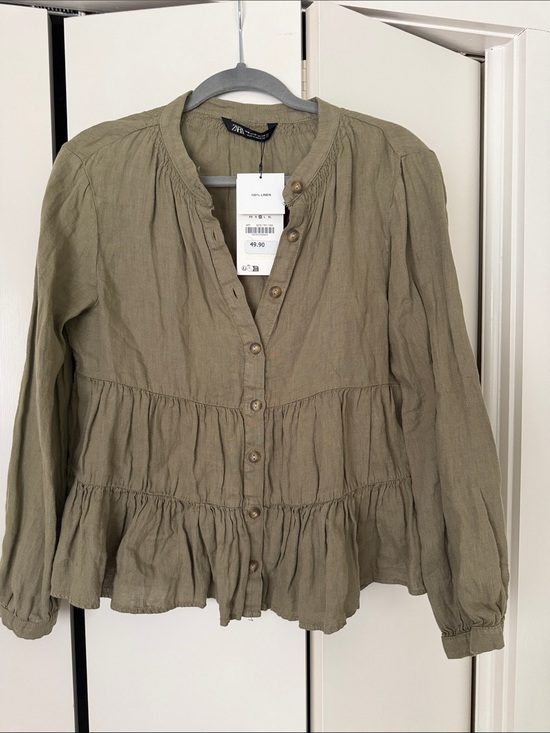 Zara Tops - Zara Olive Green Tiered Peplum Button-Front Blouse